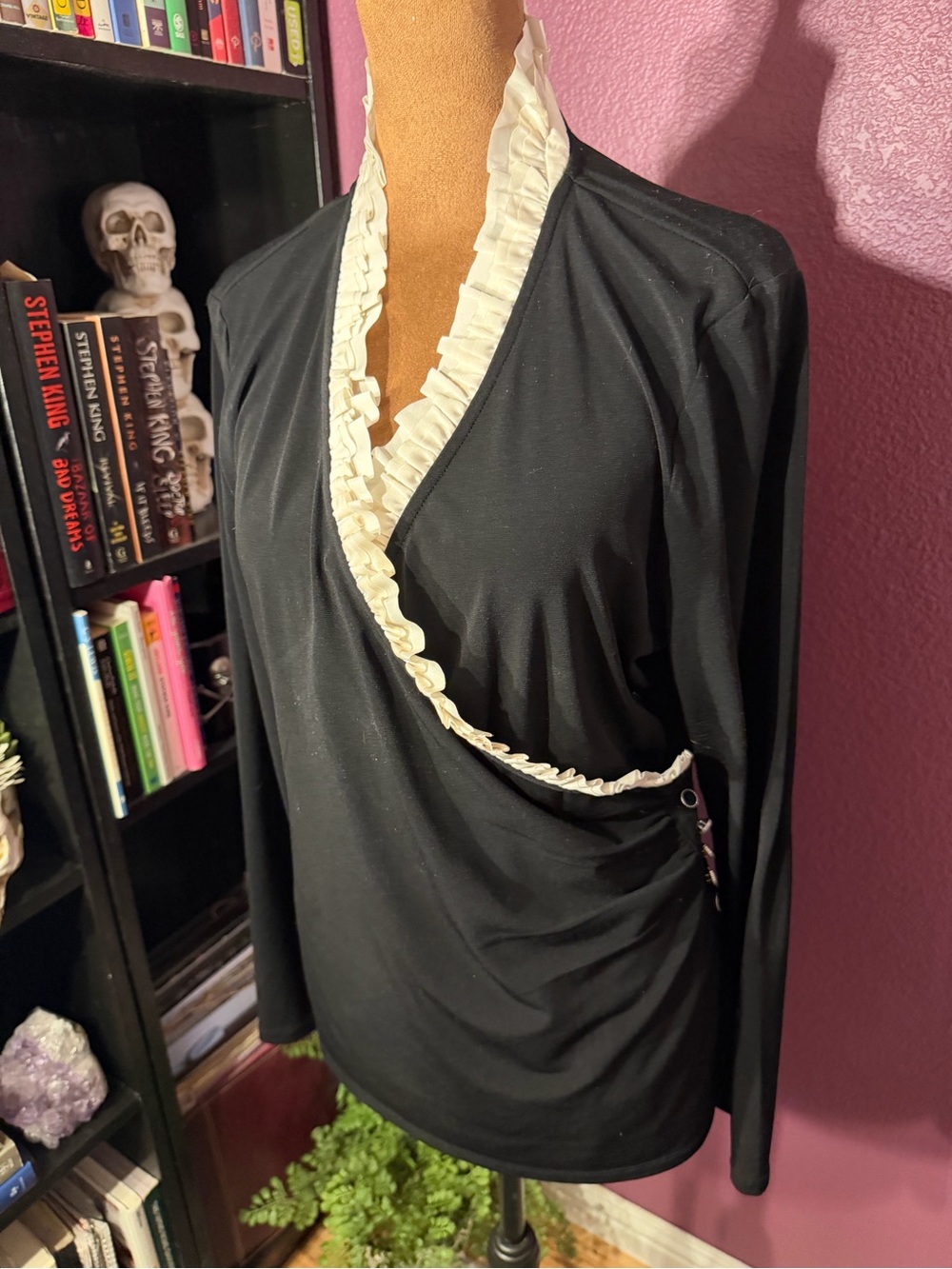 Y2K Charter Club vampire goth Black Wrap-Style Top with Cream Ruffle Trim
